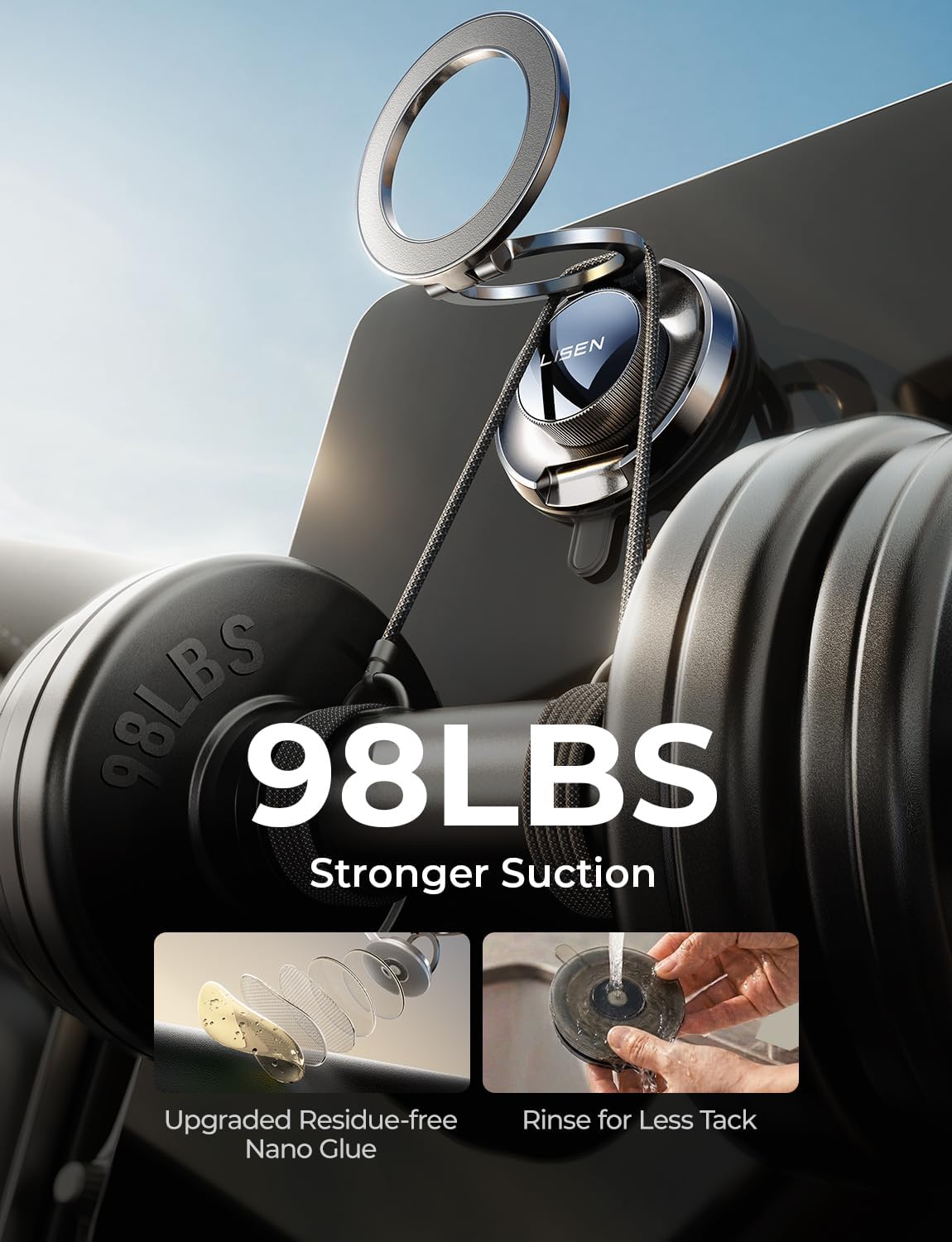 LISEN Magnetic Magsafe Phone Holder Suction Car Mount [20 Strongest Magnets＆All-Metal] LunaRing Car Phone Holder 360° Rotation Support Cellulaire Auto for Car Accessories iPhone 17 Pro Max 16 15 14