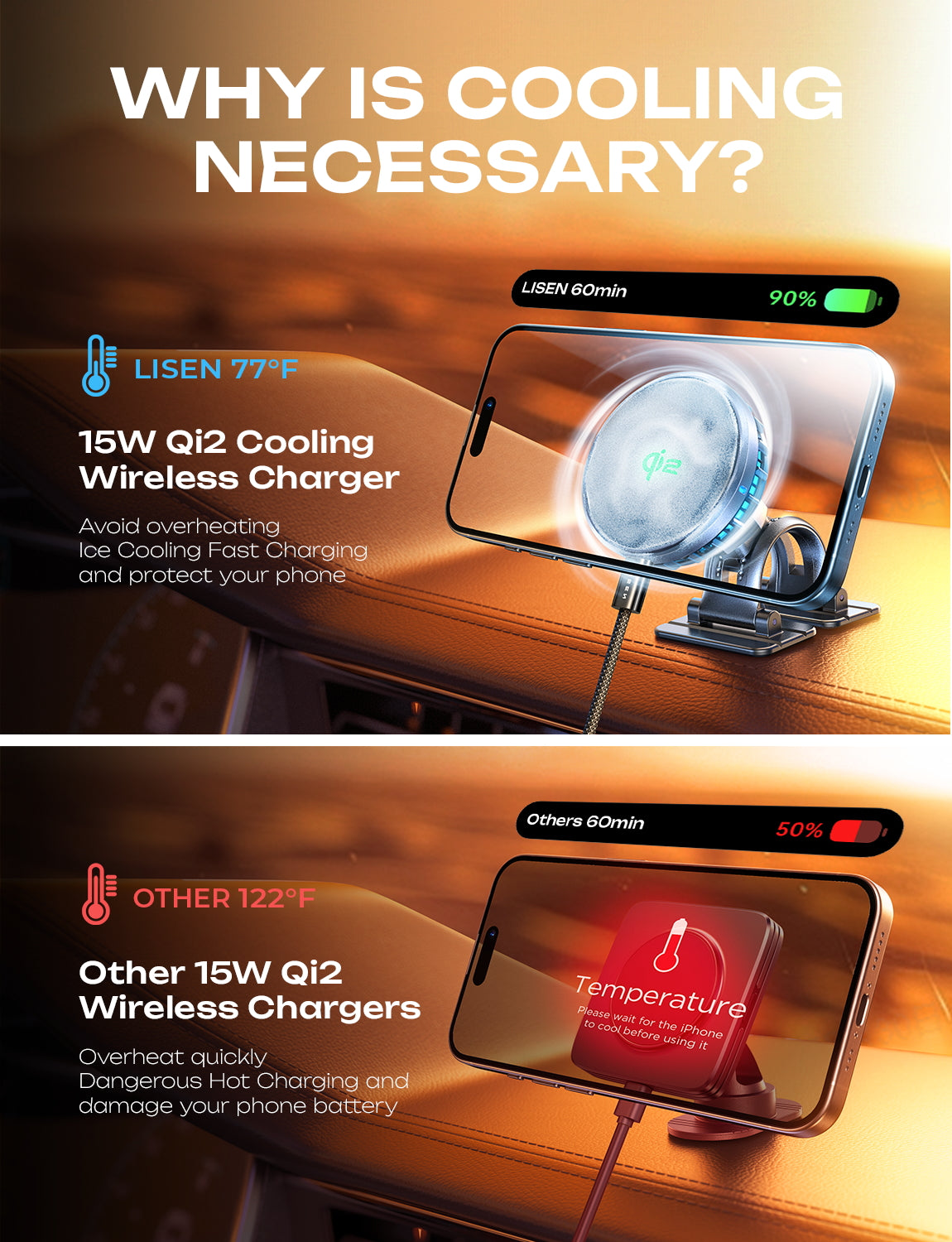 LISEN for iPhone 18 Pro Max Car Charger Mount Holder for Qi2 15W Cooling