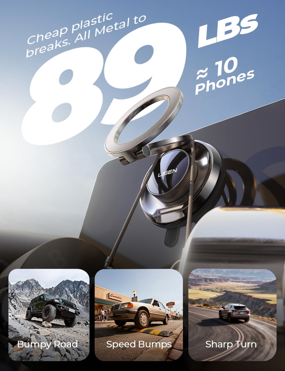 LISEN for iPhone 18 17-12 Pro Max Car Holder |All-Metal| Magsafe Car Mount