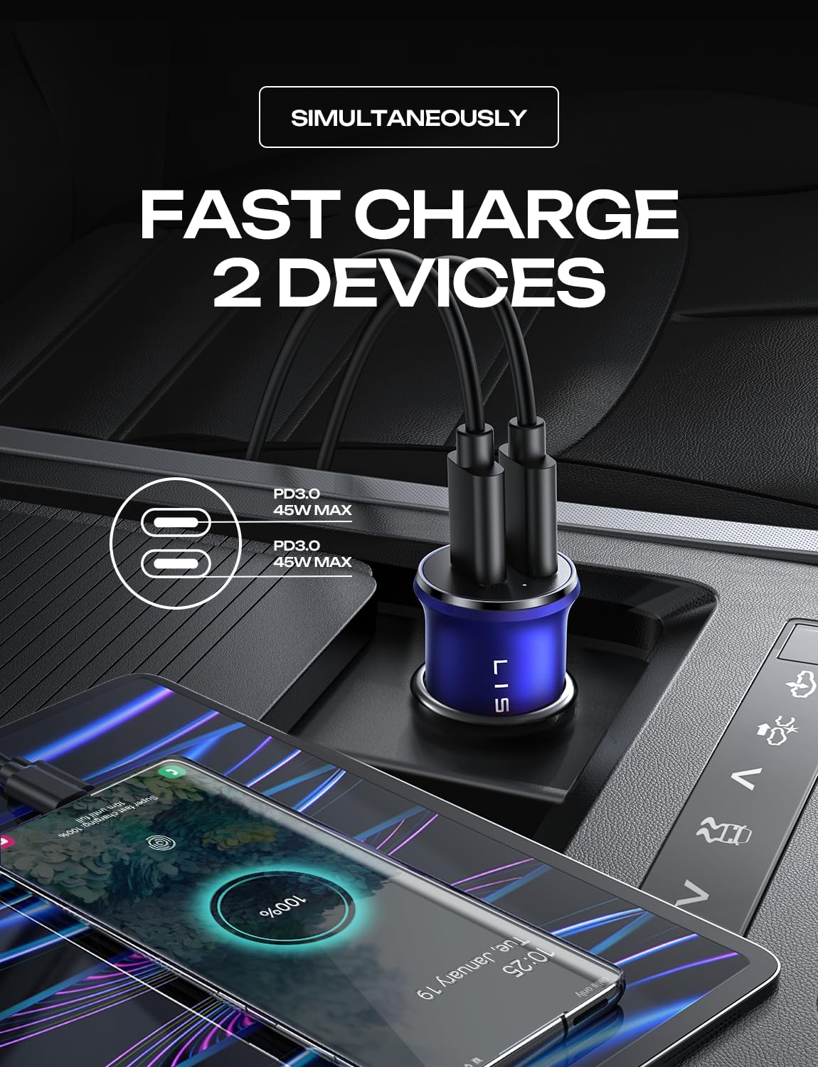 LISEN 90W USB C Car Charger USB C Fast Charge, PD3.0 Fast Car Charger, Blue