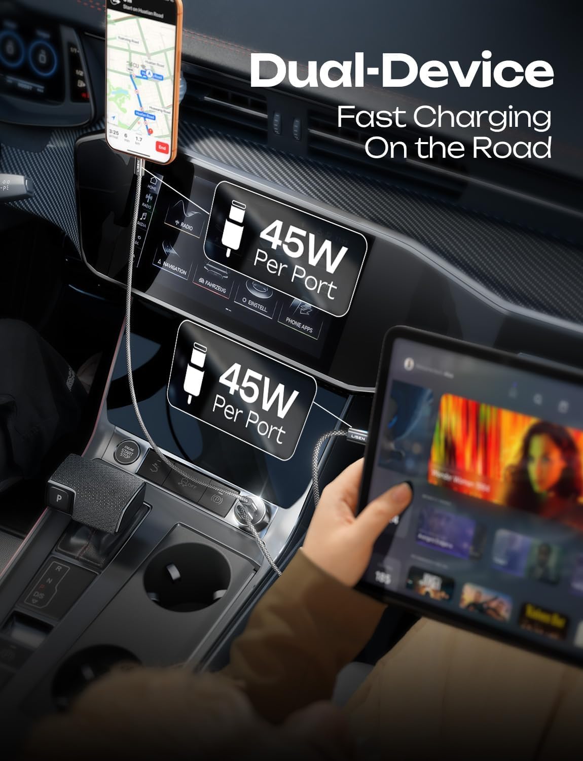 LISEN 90W USB-C Autoladegerät mit Schnellladefunktion für iPhone 17 
