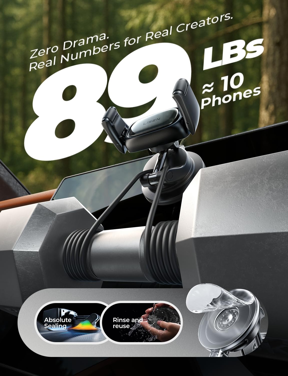 LISEN Car Phone Holder [2026 Industry-First] Dashboard/Windscreen Mobile Car Phone Mount Suction Phone Holder for Cars for iPhone 17 16 Pro Max Samsung S26 Gadgets,Black Medium