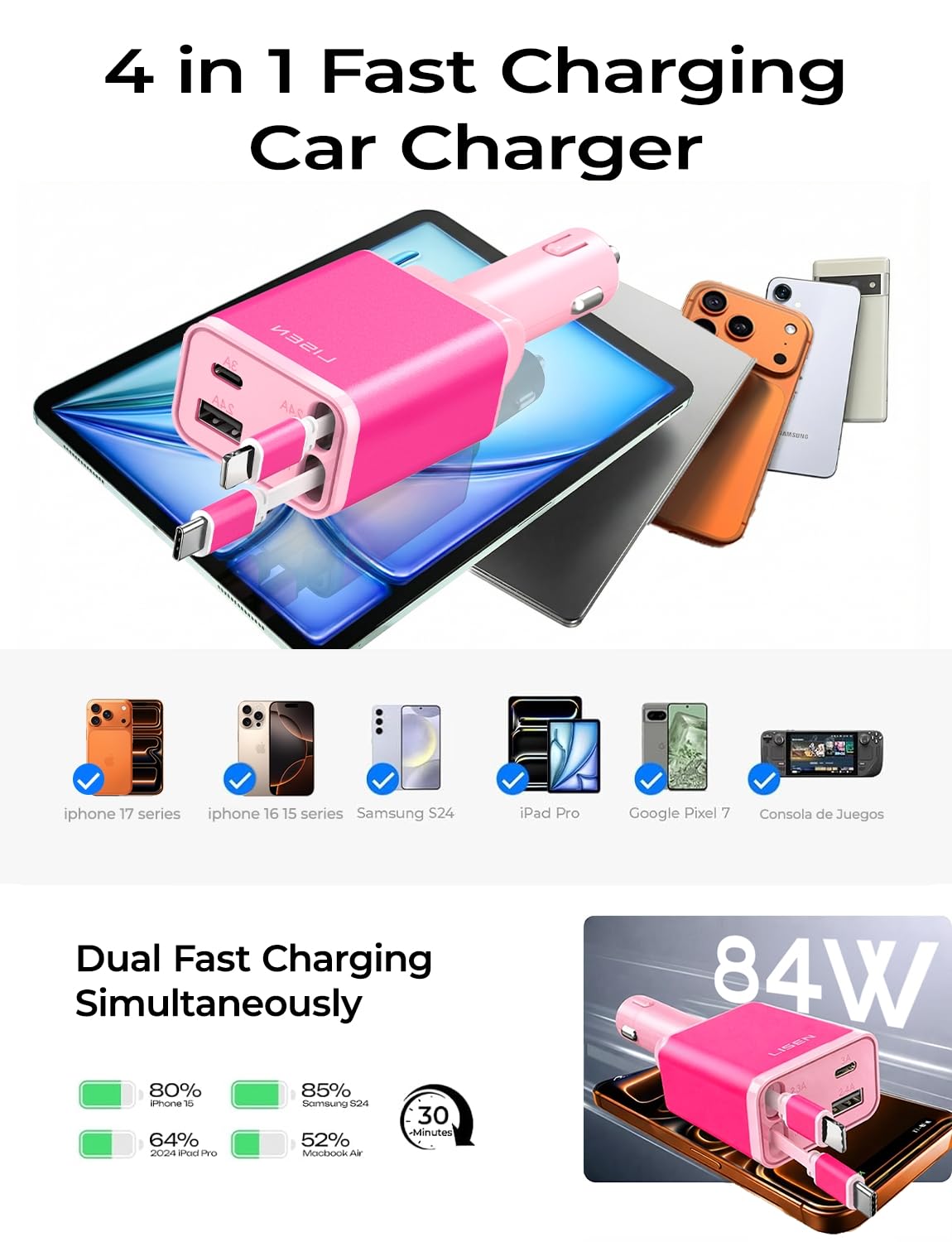 LISEN Einziehbarer Auto-Ladeadapter für iPhone 17