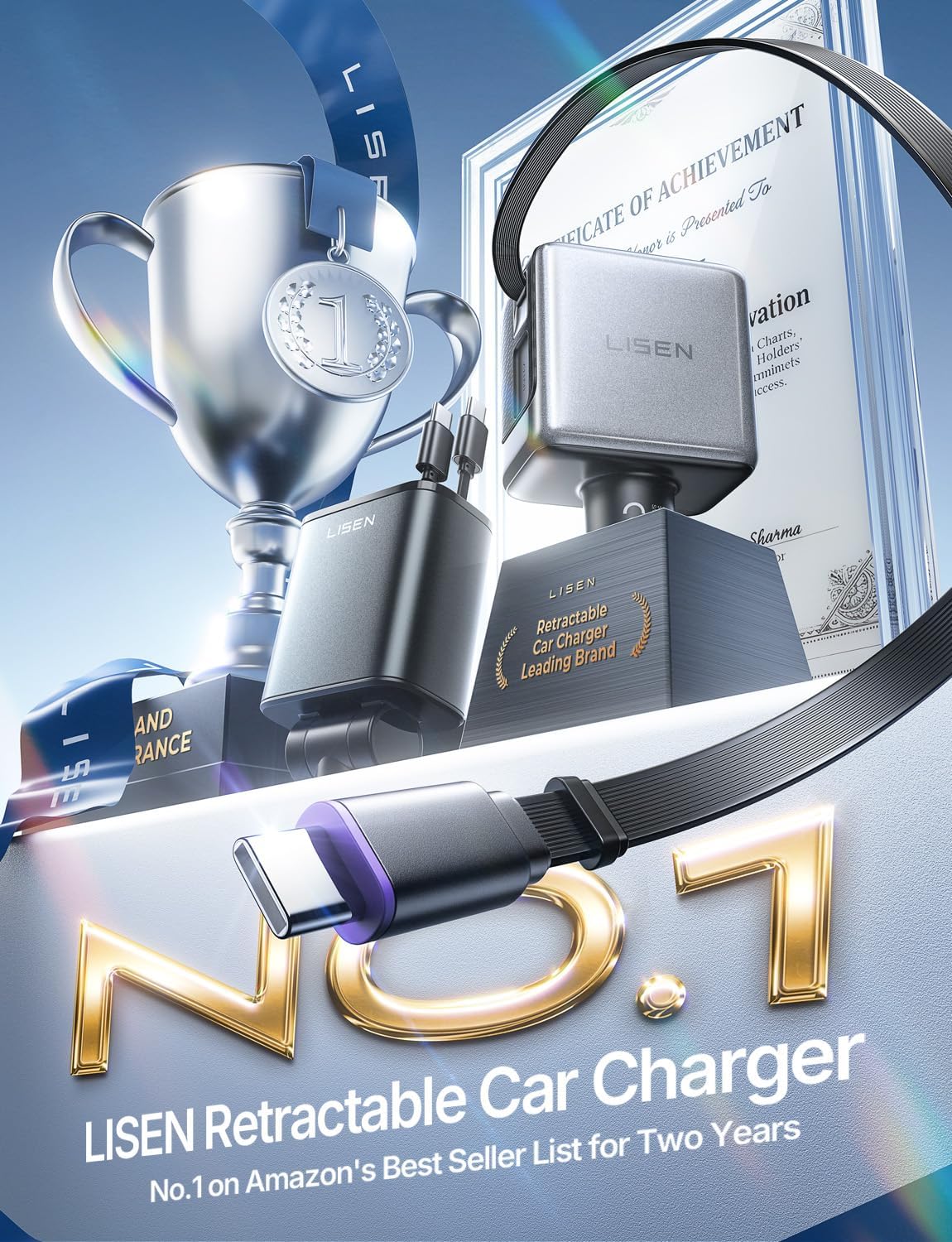 LISEN 101W AVS Fast Car Charger with Built-in Retractable USB C Cable